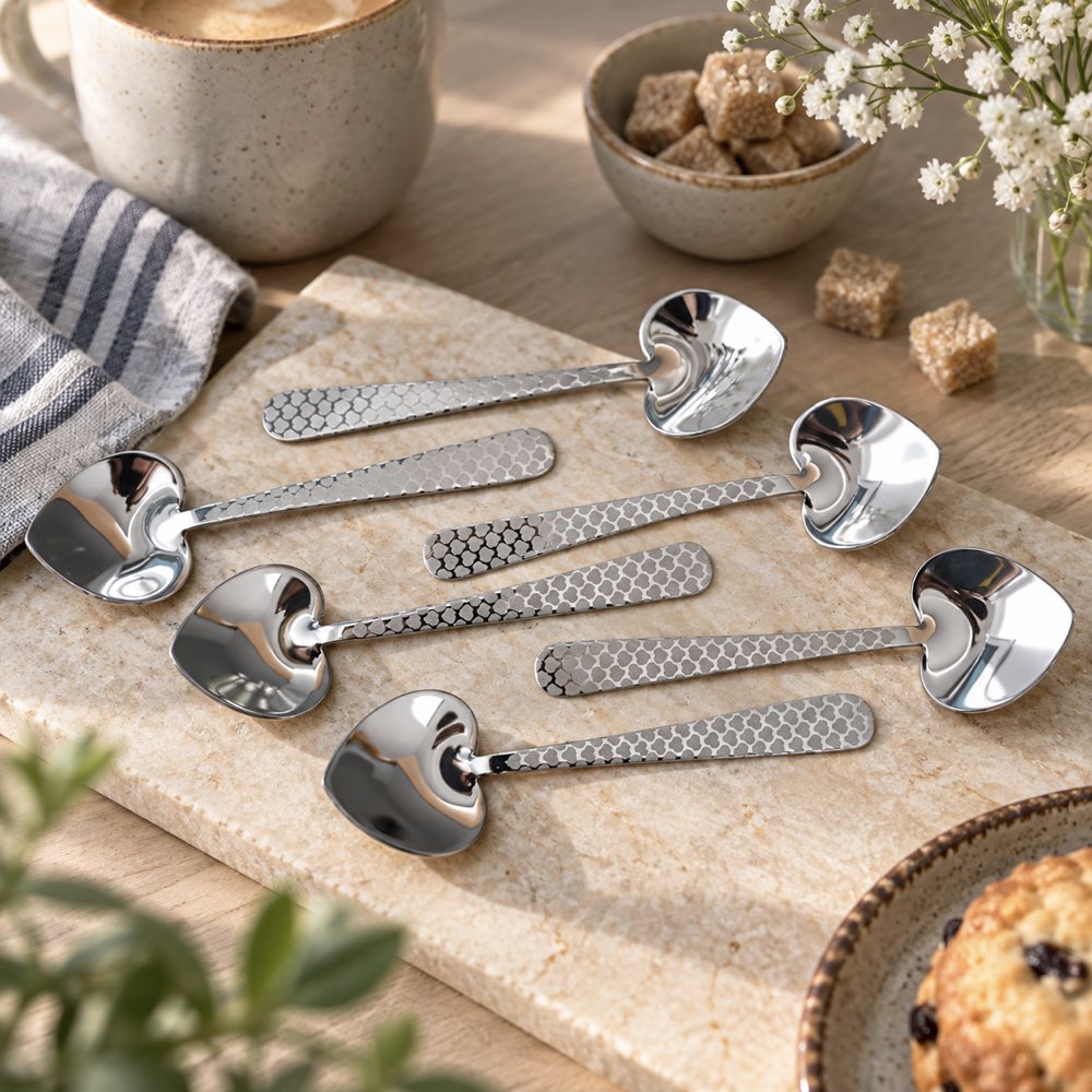 Six stainless steel heart-shaped teaspoons spoons with textured handles are arranged on a beige stone serving board in a styled kitchen setting with a mug, sugar bowl, flowers, and a cookie.