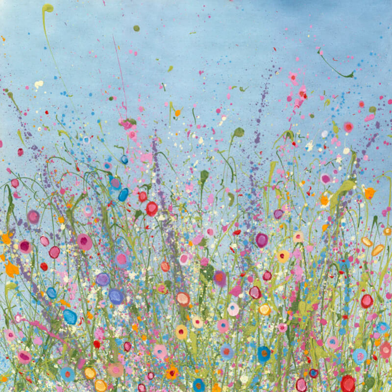 Colorful abstract painting of flowers and plants on a blue background