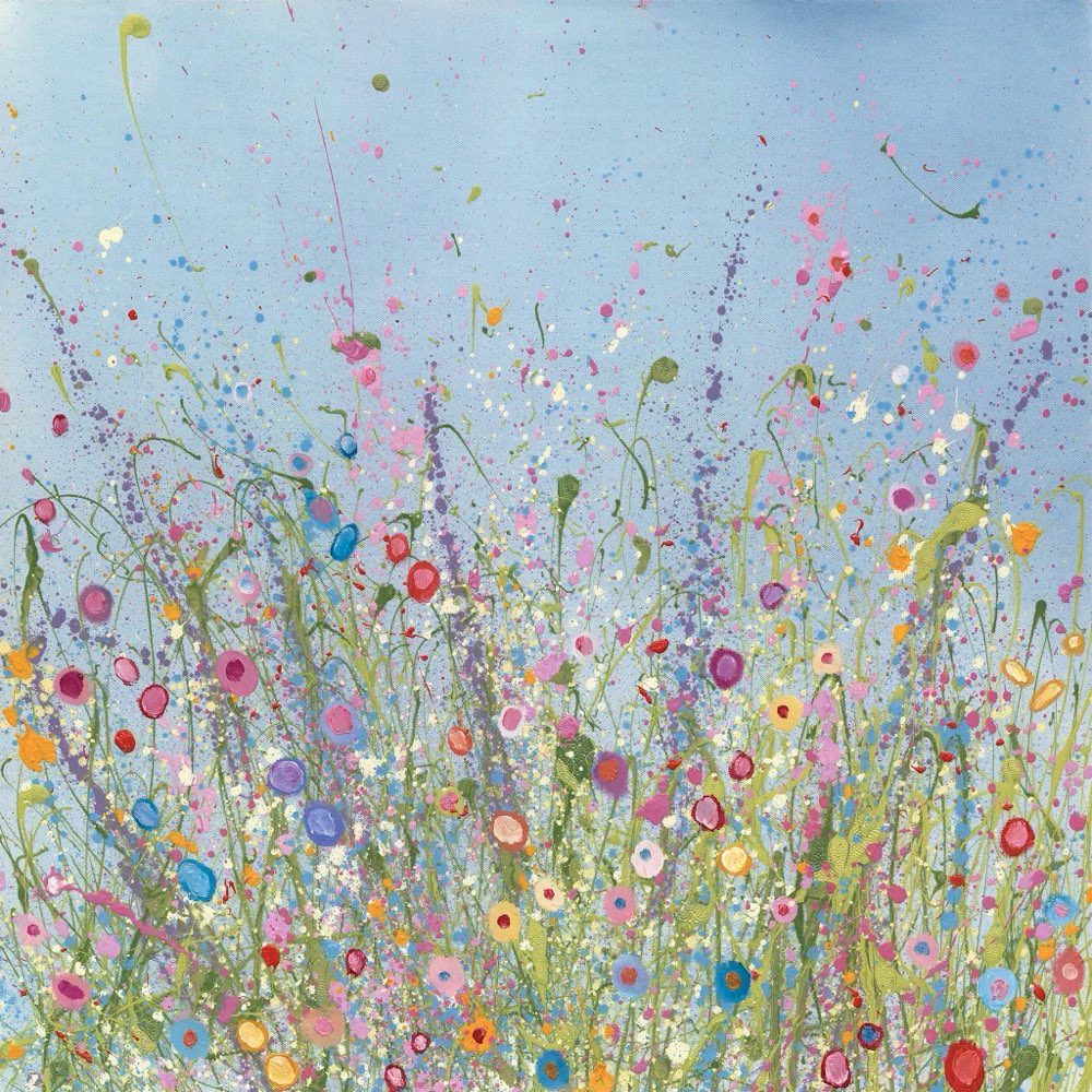 Colorful abstract painting of flowers and plants against a blue sky.