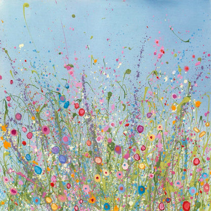 Colorful abstract painting of flowers and plants against a blue sky.