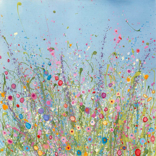 Colorful abstract painting of flowers and plants against a blue sky.