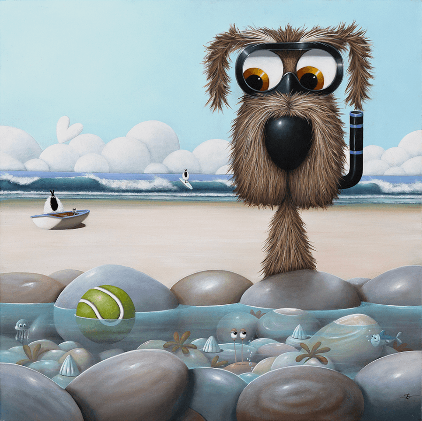 Dog with a snorkel on a beach with shells and a ball