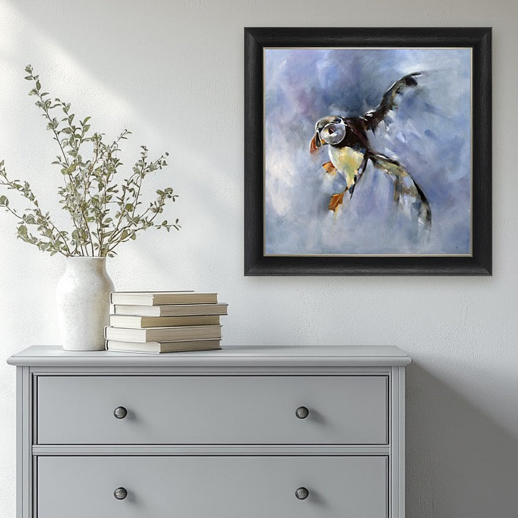 Puffin Landing | Framed Print by Julie Brunn