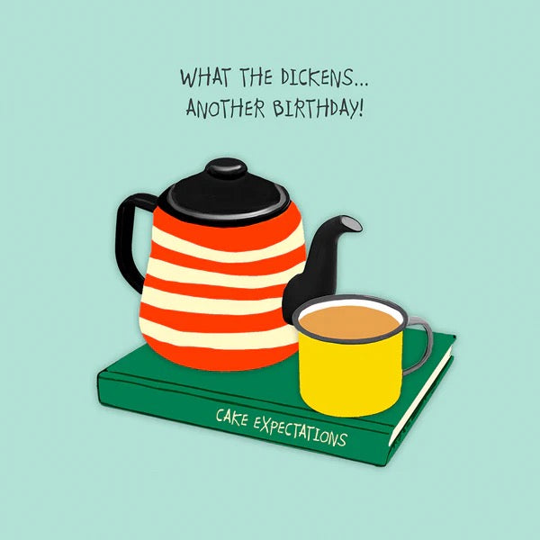 Illustration of a striped teapot and yellow mug on a book with text 'What the Dickens.