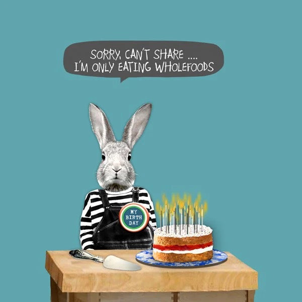 Hare character in a chef's outfit with a birthday cake and speech bubble on a teal background
