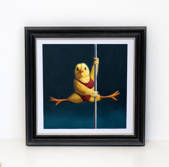 Framed artwork of a chick in a red dress pole dancing on a dark blue background.