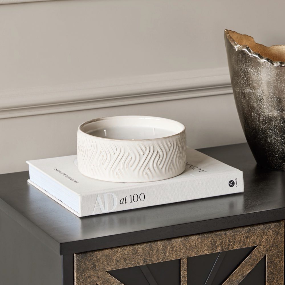 Ivory Ceramic Bowl with Triple Wicked Candle