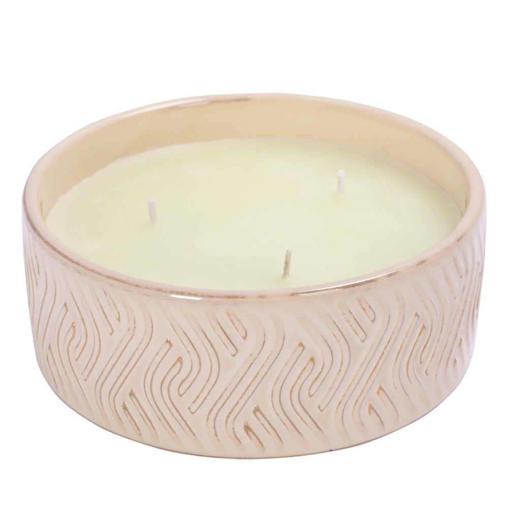 Ivory Ceramic Bowl with Triple Wicked Candle