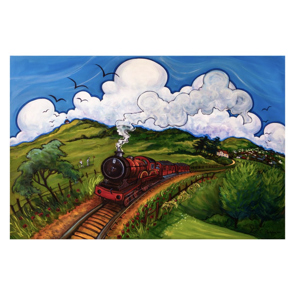 A colorful landscape painting of a red steam locomotive train traveling along a curved track through green hills under a bright blue sky with large white clouds.