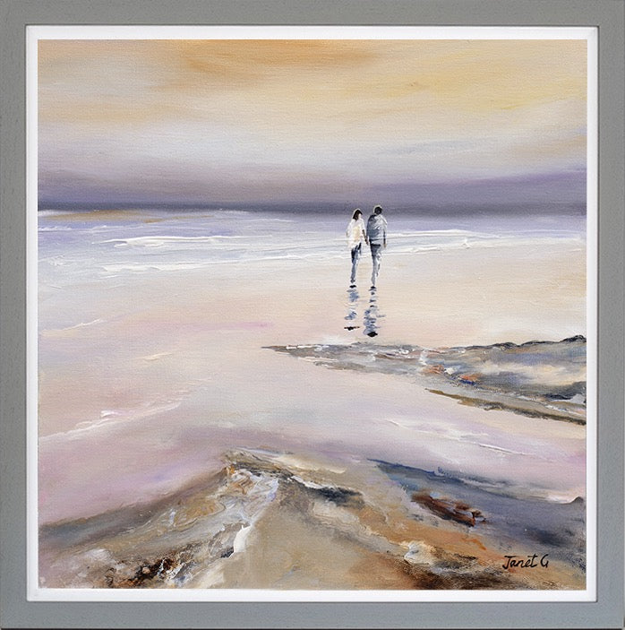 Painting of two people walking along a beach with a reflective surface.