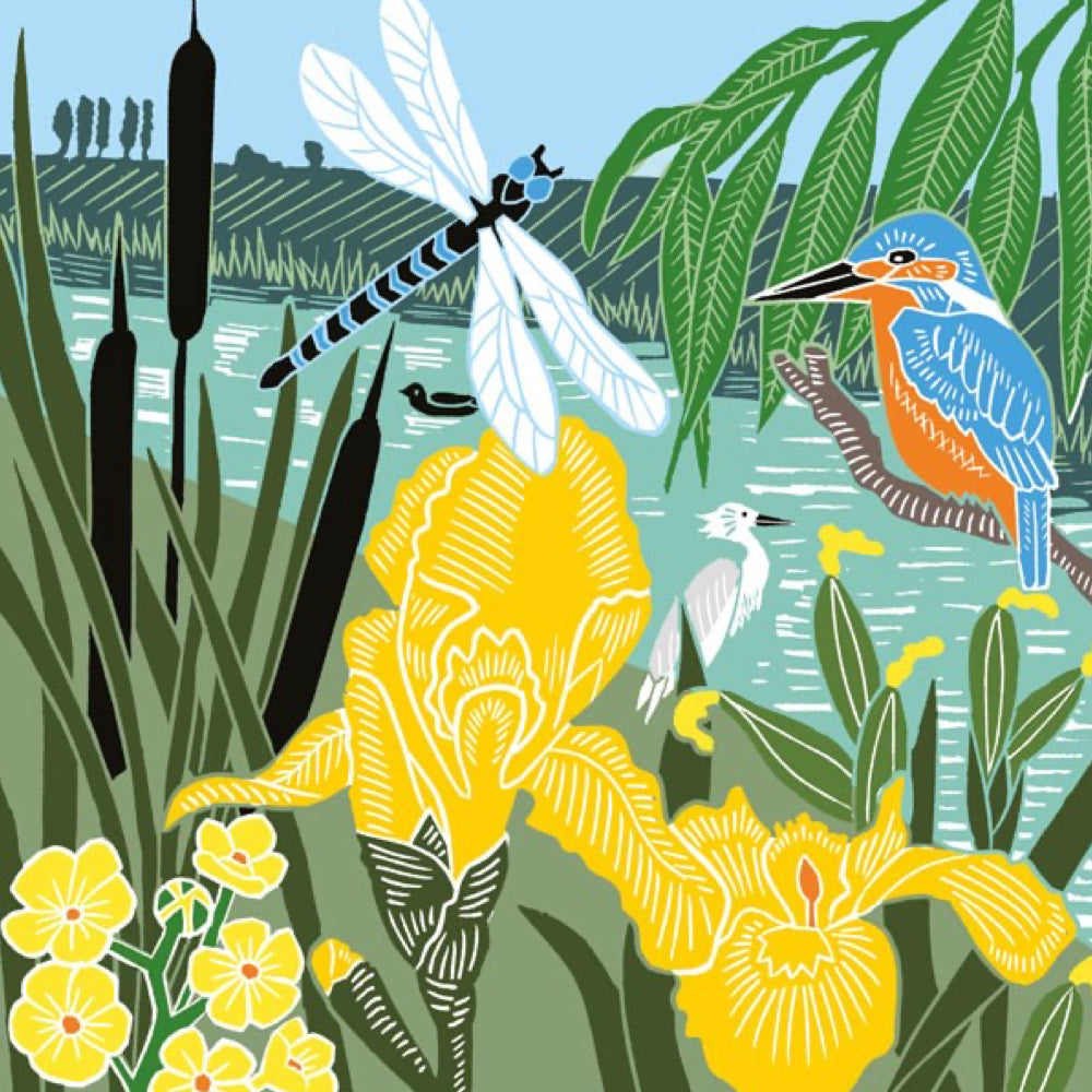 A stylised illustrated nature scene with a blue-and-orange kingfisher, a dragonfly, a white heron, yellow irises, cattails, and reeds over shallow water.