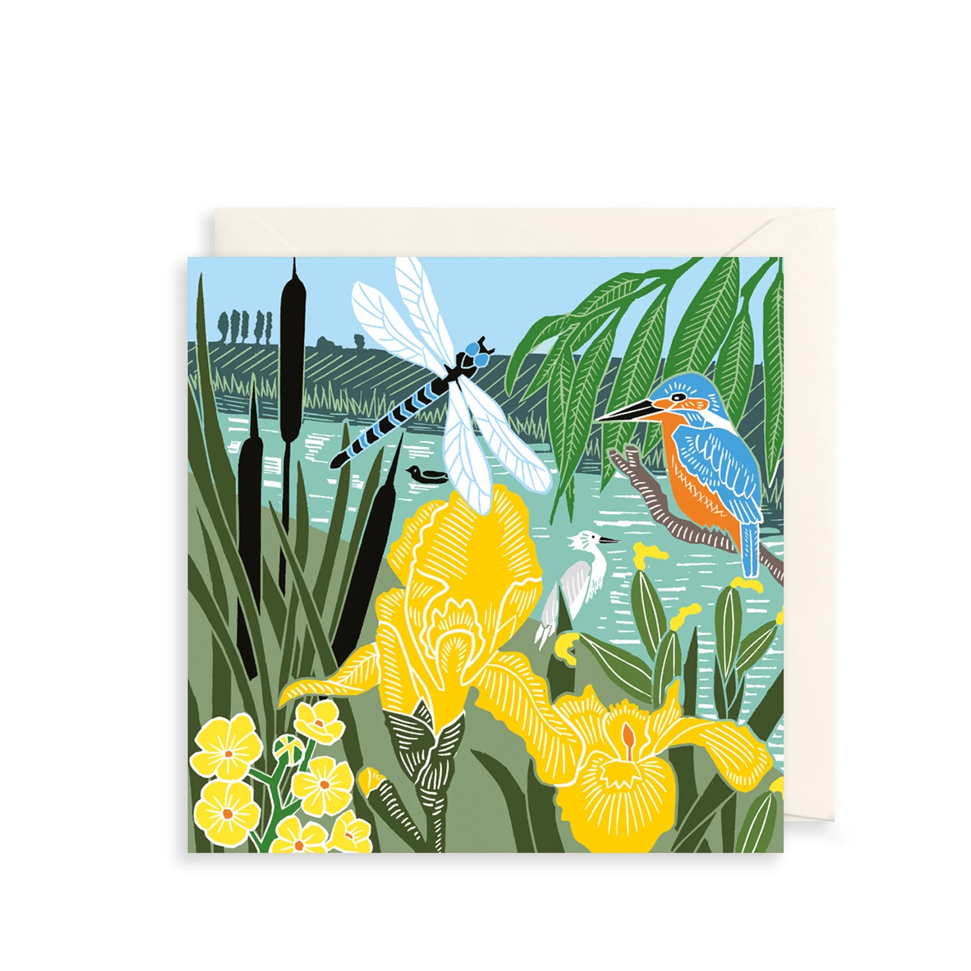 Greeting card with nature-themed illustration of a kingfisher, dragonfly, and yellow flowers.