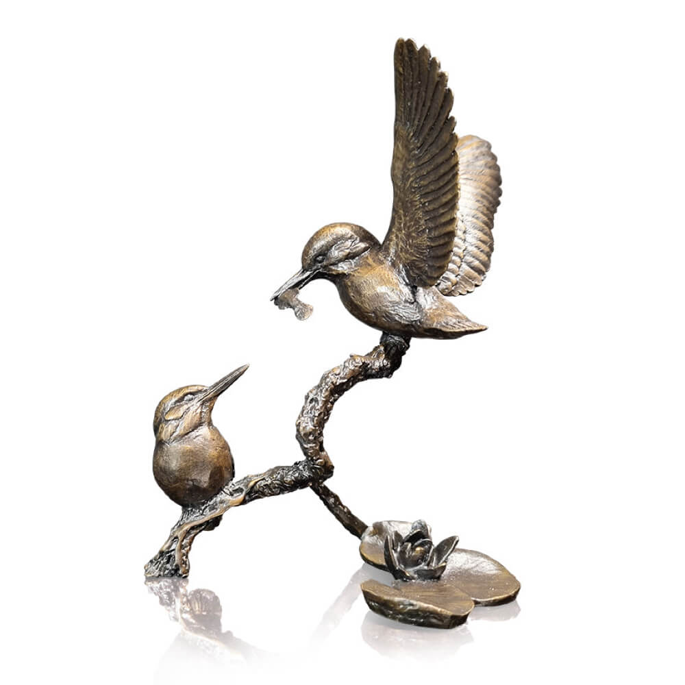A limited edition solid bronze sculpture of two kingfishers, standing upright on a base.