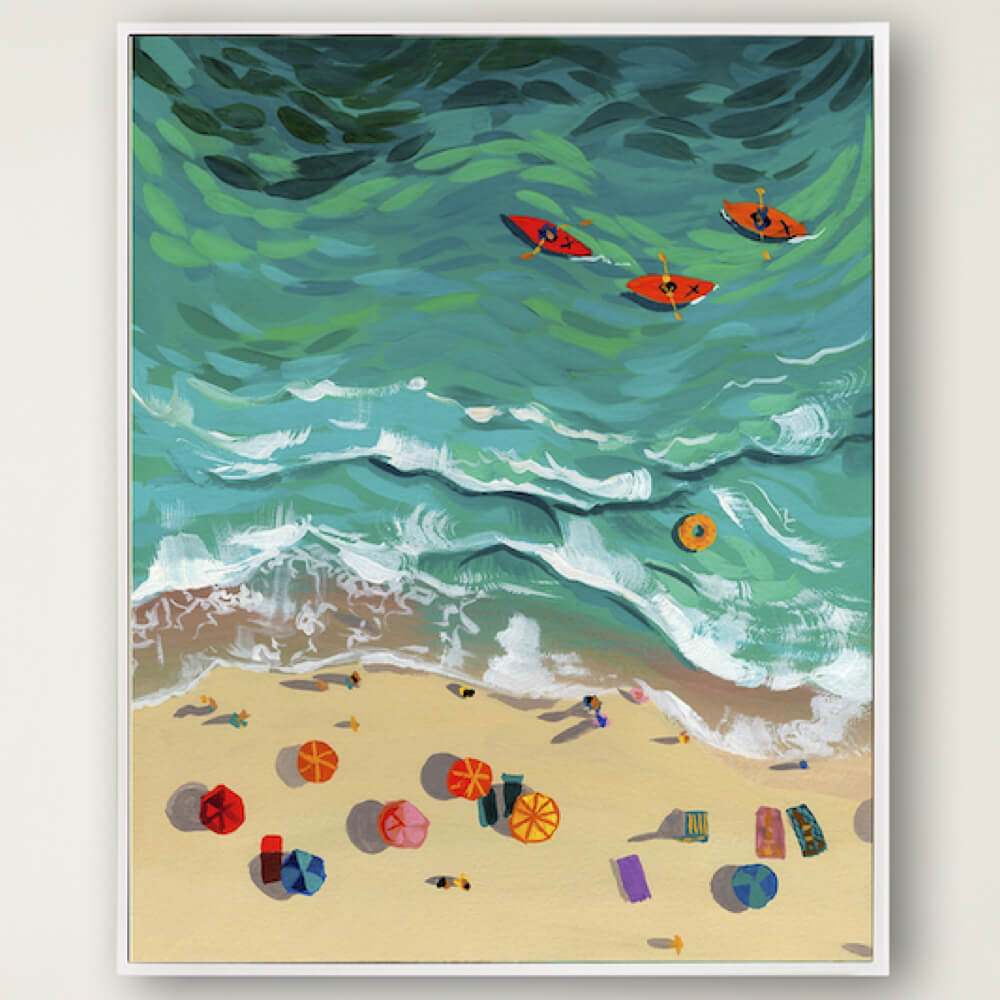 Colorful beach scene with people in kayaks and umbrellas on a sandy shore.