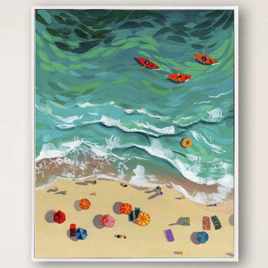Colorful beach scene with people in kayaks and umbrellas on a sandy shore.