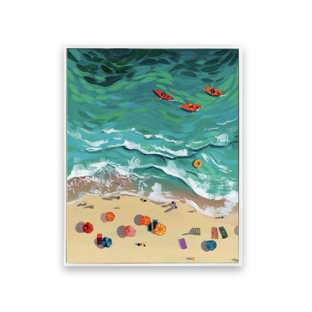 Illustration of a beach scene with people in kayaks and colorful umbrellas.