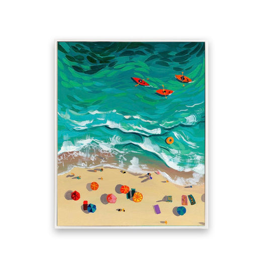 Illustration of a beach scene with people in kayaks and colorful umbrellas.