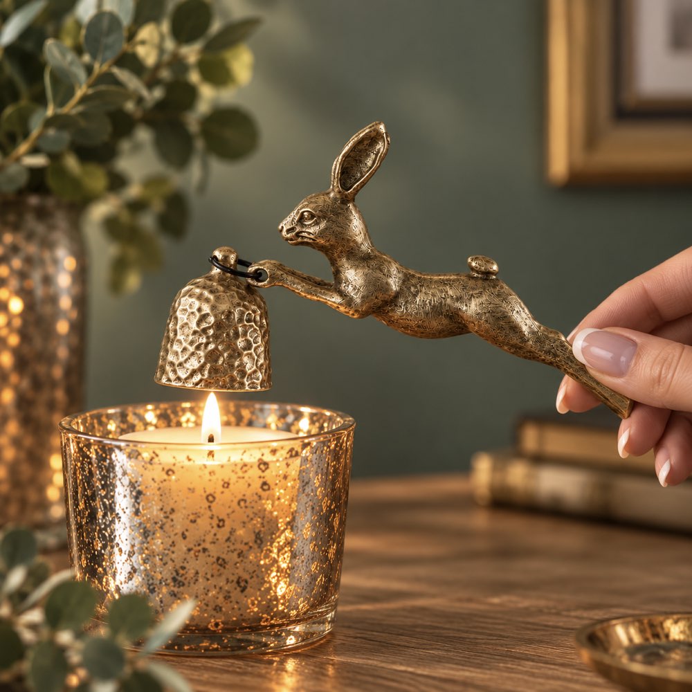 A hand holds a gold-toned rabbit figurine over a lit candle in a hammered gold glass holder on a wooden table, with decorative greenery and a framed picture in the background.