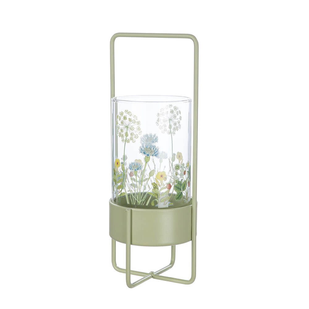 Green metal stand with a glass container holding flowers on a white background
