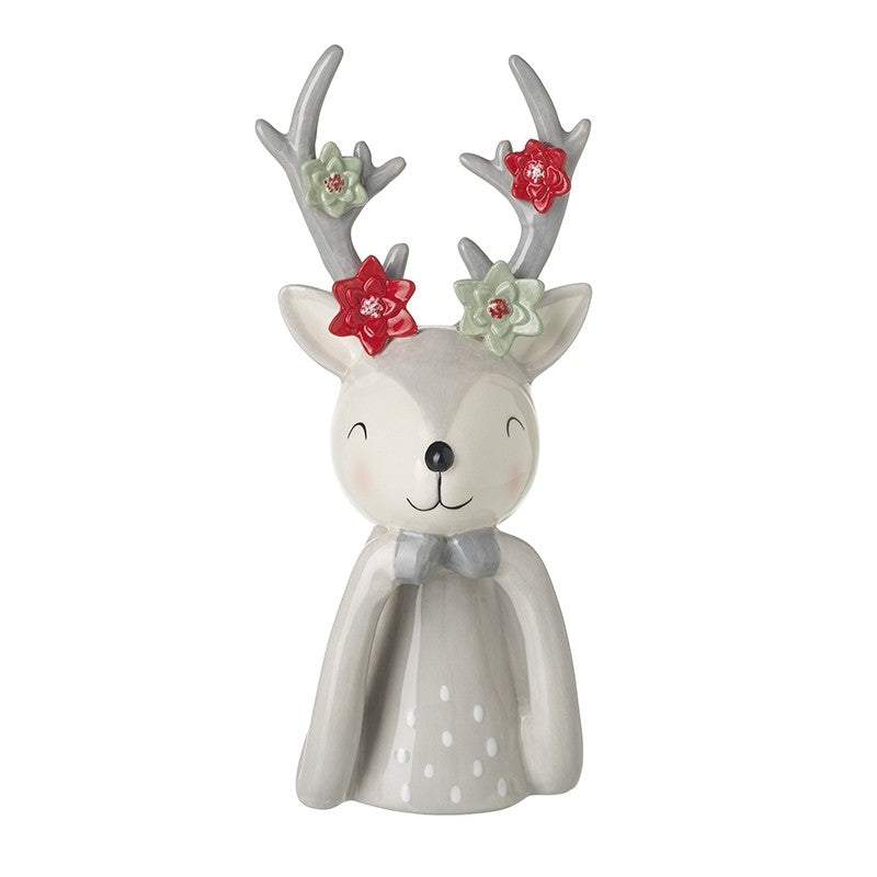 A ceramic Christmas deer figurine with gray antlers decorated with red and white flowers, a white body with small white polka dots, and a gray bow tie, shown on a plain white background.