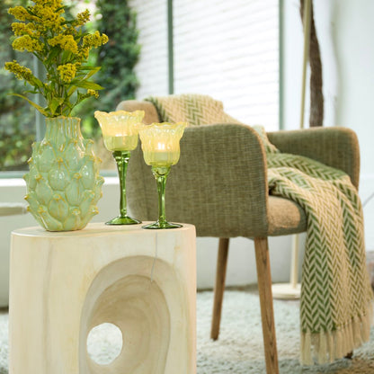 Green Glass Tulip Tea Light Holder