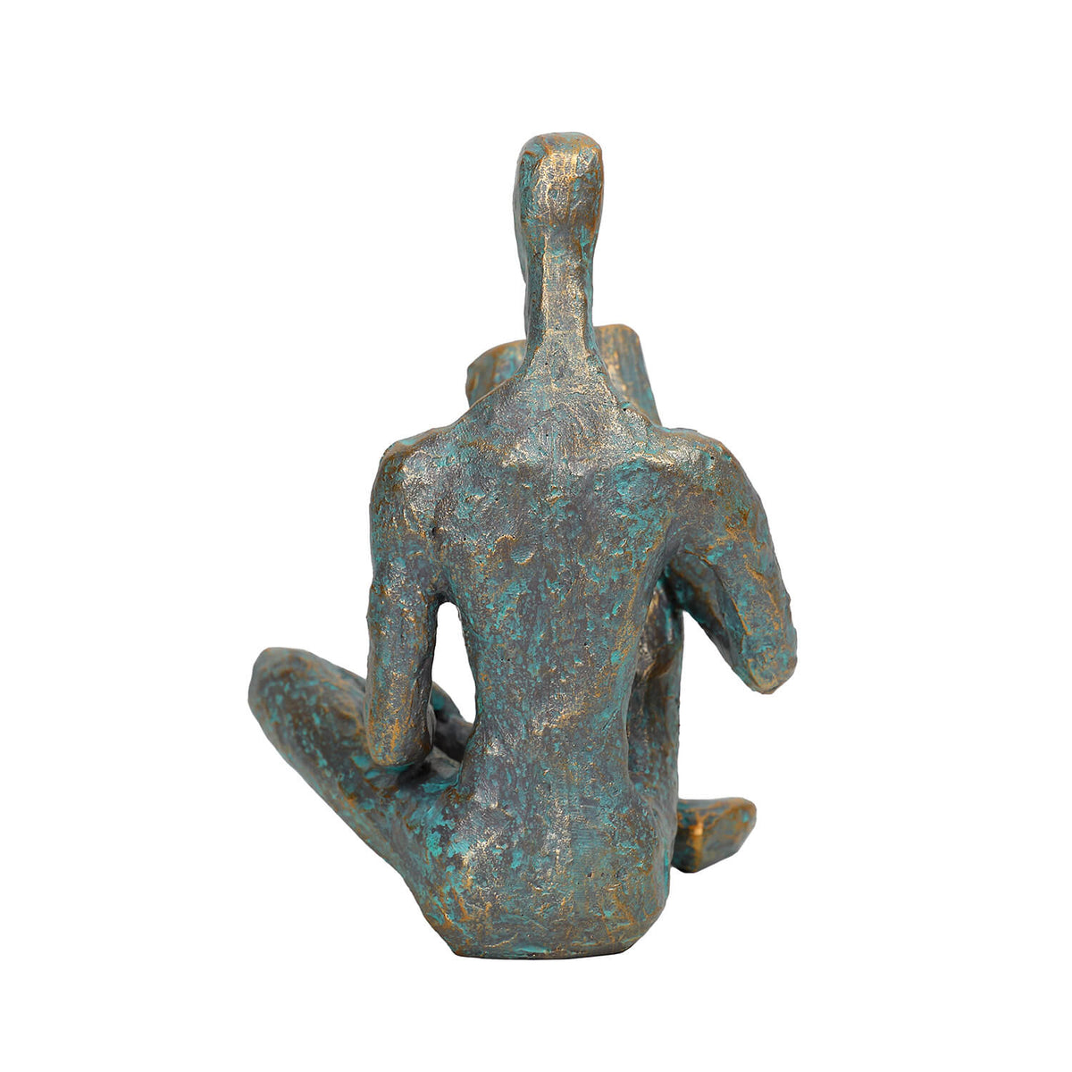 Lost in a Good Book Man Sculpture, contemporary abstract male reading figure with turquoise verdigris and antique gold finish