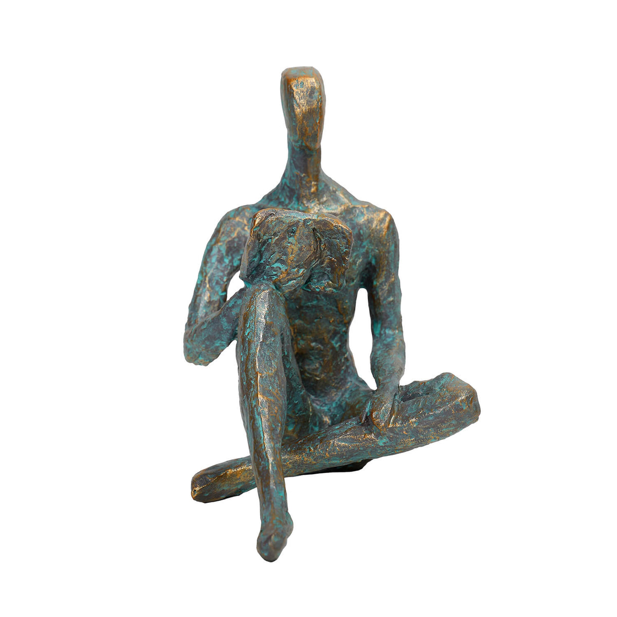 Lost in a Good Book Man Sculpture, contemporary abstract male reading figure with turquoise verdigris and antique gold finish