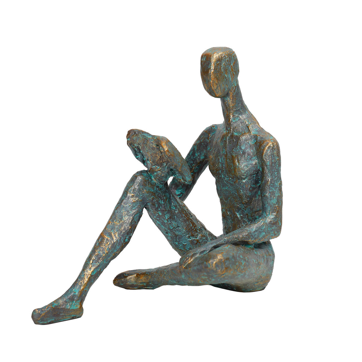 Lost in a Good Book Man Sculpture, contemporary abstract male reading figure with turquoise verdigris and antique gold finish