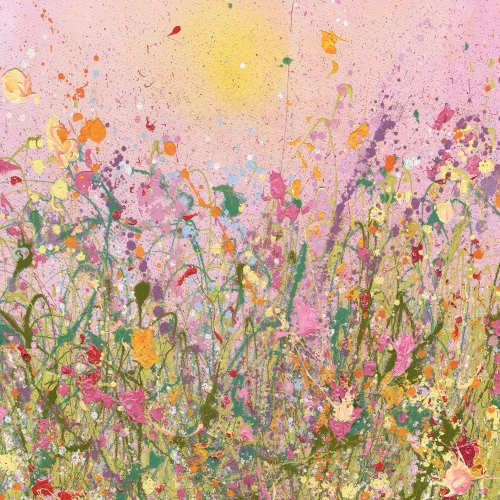 Colourful abstract painting of flowers and nature on a pink background