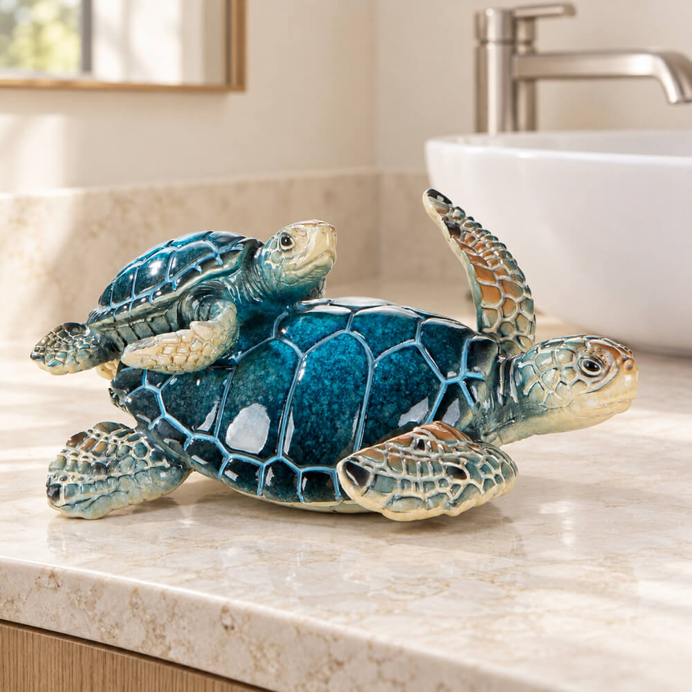 A ceramic sea turtle figurine in shades of blue, teal, and beige, positioned on a light beige marble bathroom countertop with a white sink and faucet in the background.