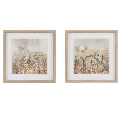 Meadow Mischief wall art with hares in the countryside, framed in weathered oak for rustic interiors