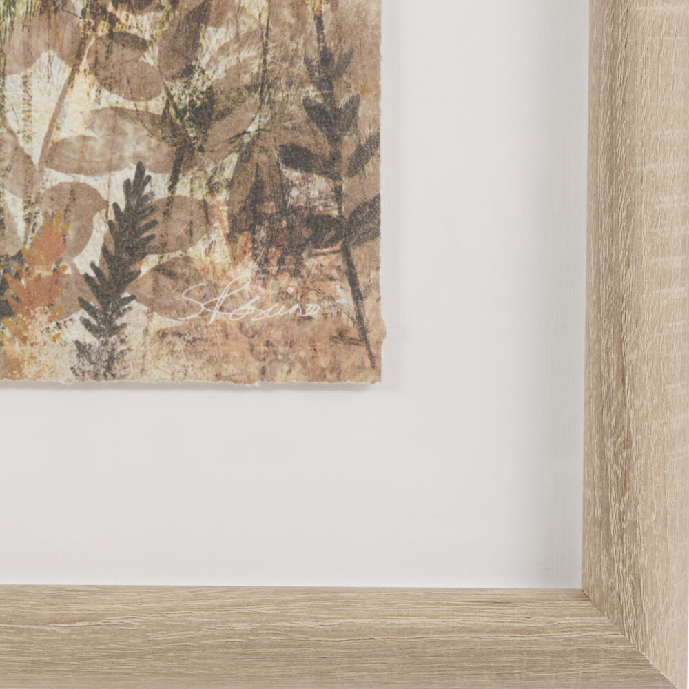 Meadow Mischief wall art with hares in the countryside, framed in weathered oak for rustic interiors