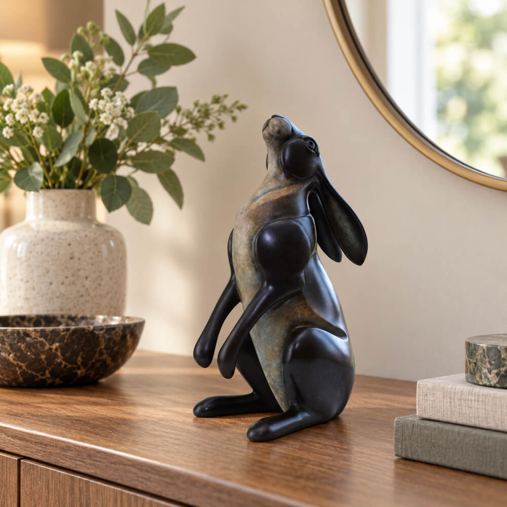 Solid Bronze Sculpture of a moon gazing hare.