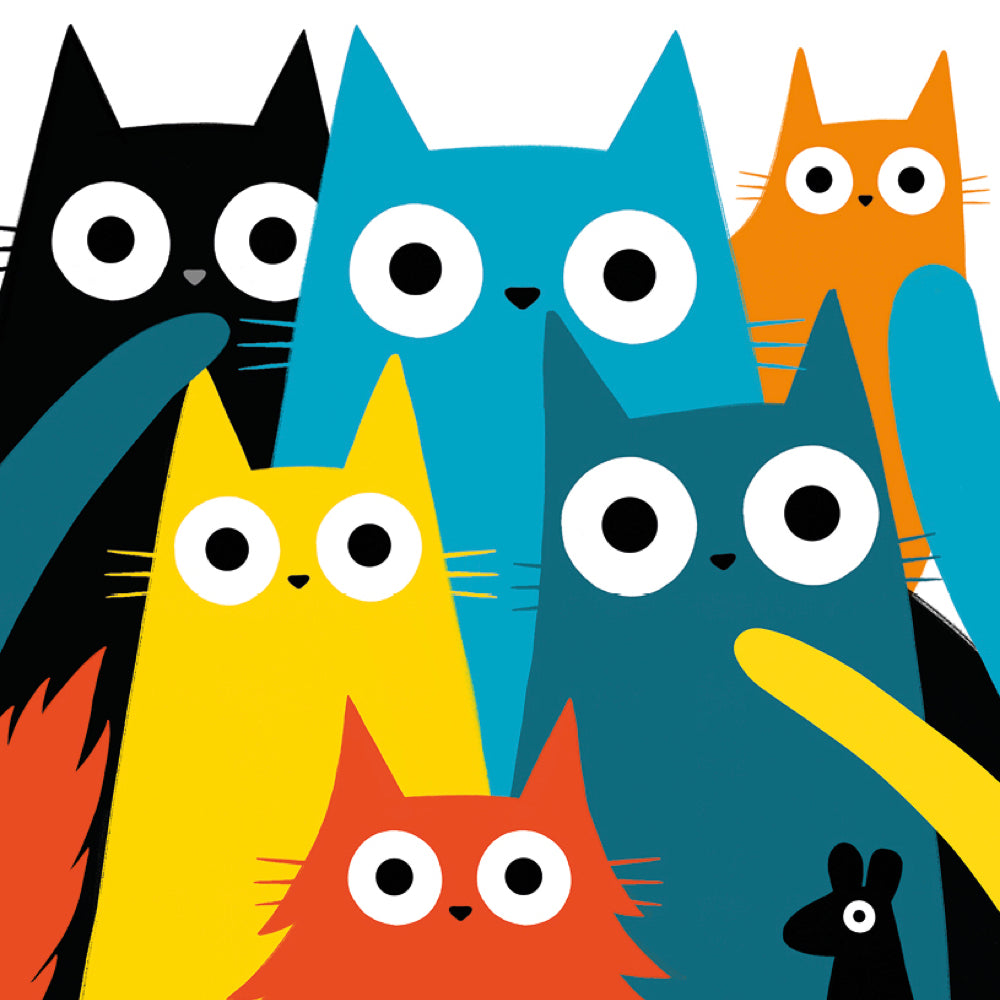 A colorful graphic illustration of stylized cat heads and bodies in black, blue, orange, yellow, and teal, arranged together on a white background.