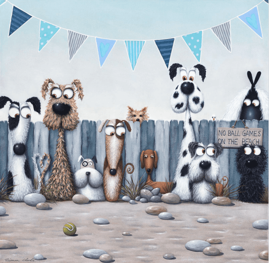 Illustration of dogs at a beach with a 'No Ball Games on the Beach' sign and blue sky with flags.