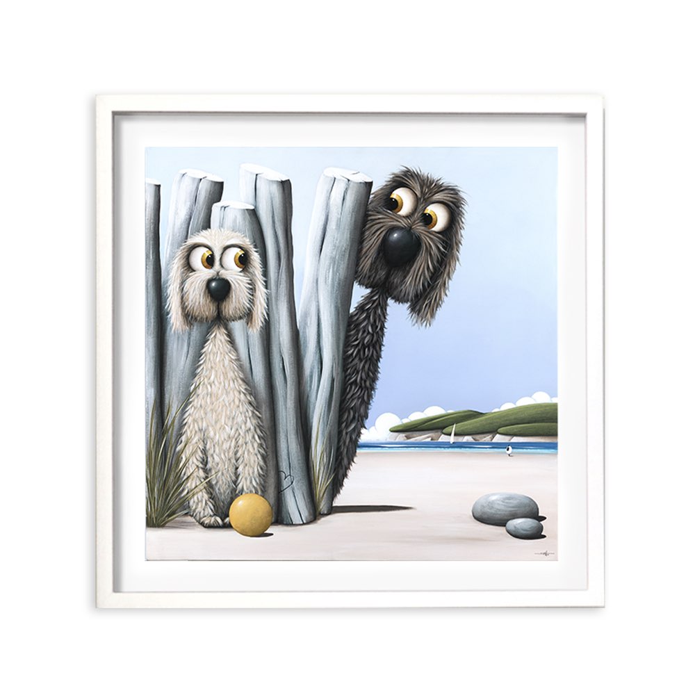 Two cartoon dogs peeking from behind a curtain on a beach with a blue sky.