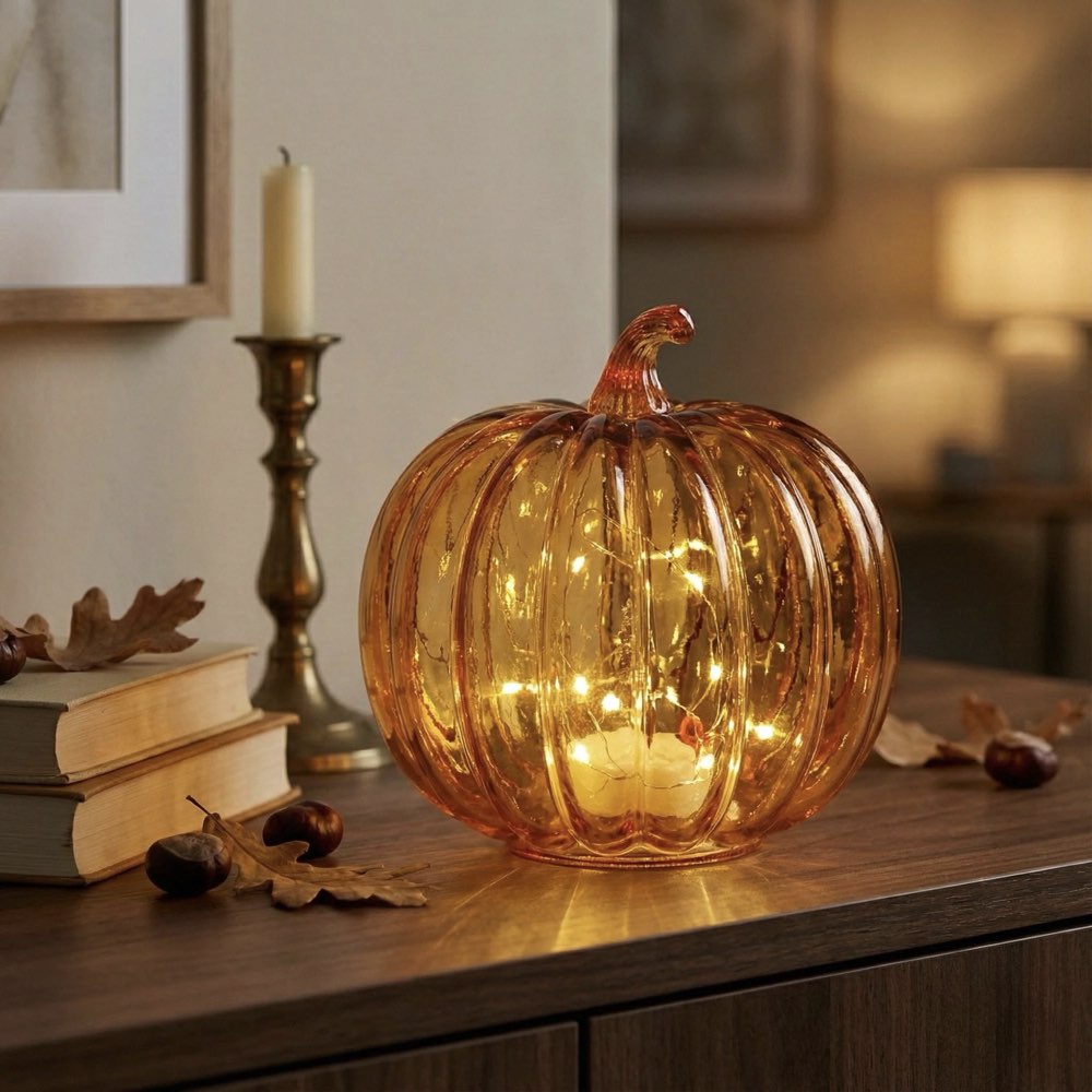 An amber glass pumpkin-shaped decorative light with warm white fairy lights inside, placed on a wooden table in a cozy indoor setting with books, a candle, and acorns nearby.
