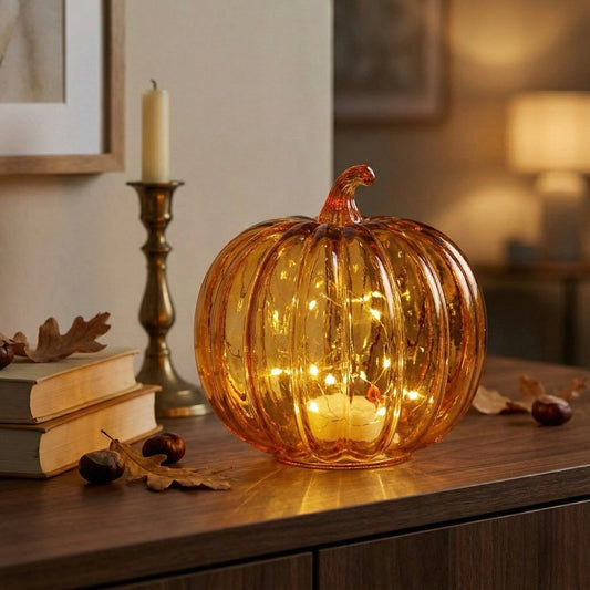 An amber glass pumpkin-shaped decorative light with warm white fairy lights inside, placed on a wooden table in a cozy indoor setting with books, a candle, and acorns nearby.