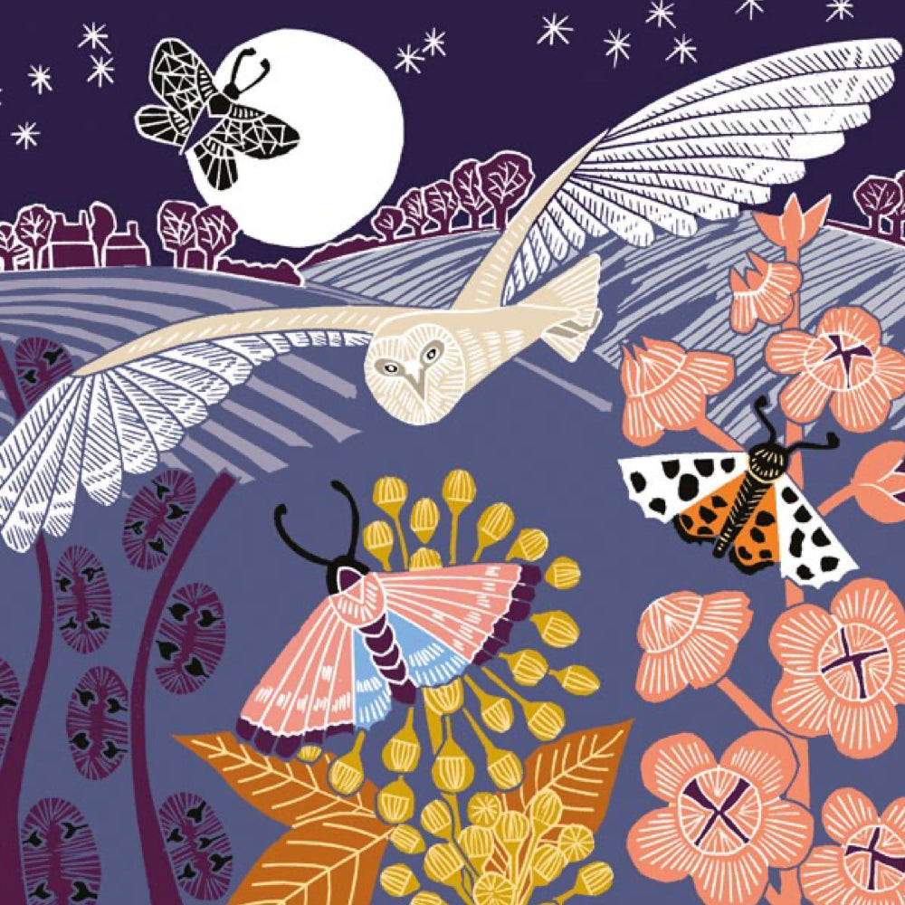 A stylised illustrated night scene with a white owl flying across a purple background, a butterfly near a moon, another butterfly over yellow flowers, and pink-orange flowers with black-and-white spotted wings. The artwork uses a graphic, linocut-like pattern with multiple colors.