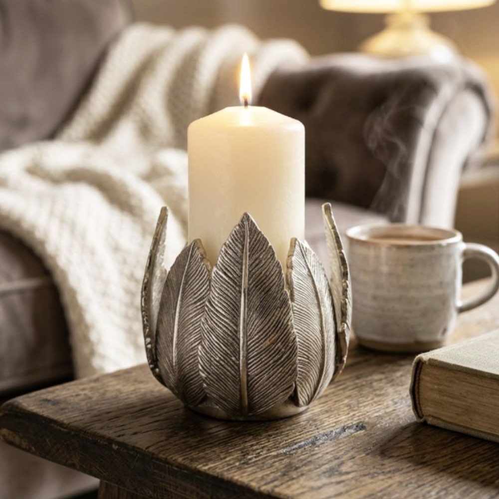 Candle in a leaf-shaped holder on a wooden table with a cup and book in the background.