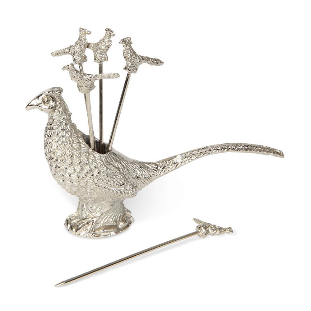 Silver Pheasant Cocktail Pick Set with Holder