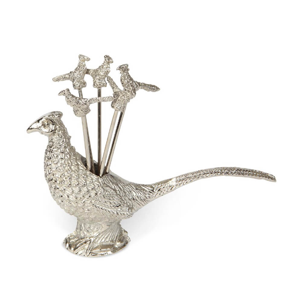 Silver Pheasant Cocktail Pick Set with Holder