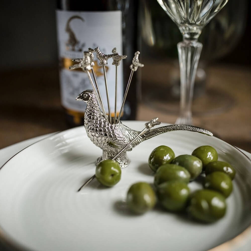 Silver Pheasant Cocktail Pick Set with Holder