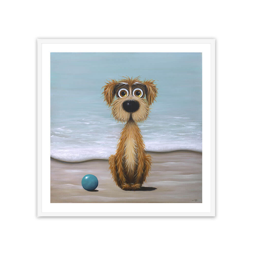 Illustration of a dog on a beach with a blue ball, framed artwork.