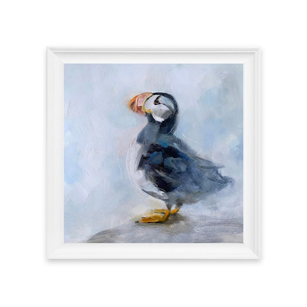 Framed artwork of a puffin on a light blue background