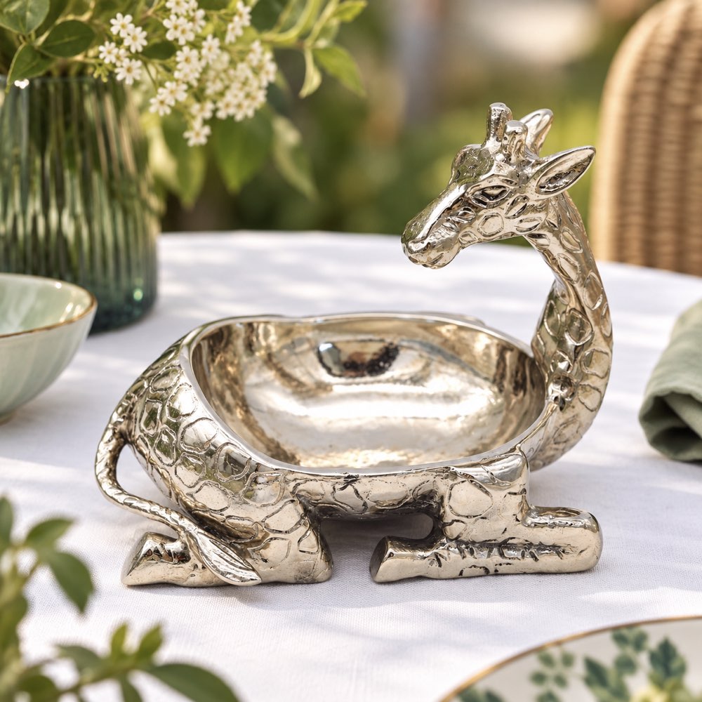 A metallic silver giraffe-shaped bowl or dish sits on a white tablecloth outdoors, surrounded by blurred greenery, flowers, and tableware.