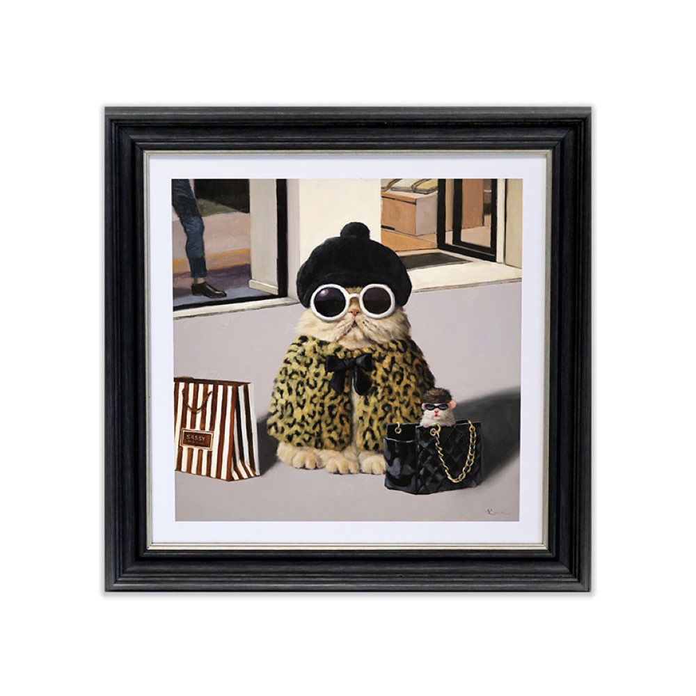 Framed artwork of a stylized cat in a leopard coat and sunglasses with a handbag.