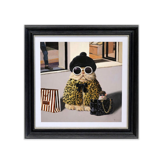 Framed artwork of a stylized cat in a leopard coat and sunglasses with a handbag.