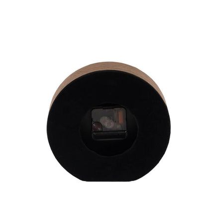 Back of a round clock with a wooden rim on a white background