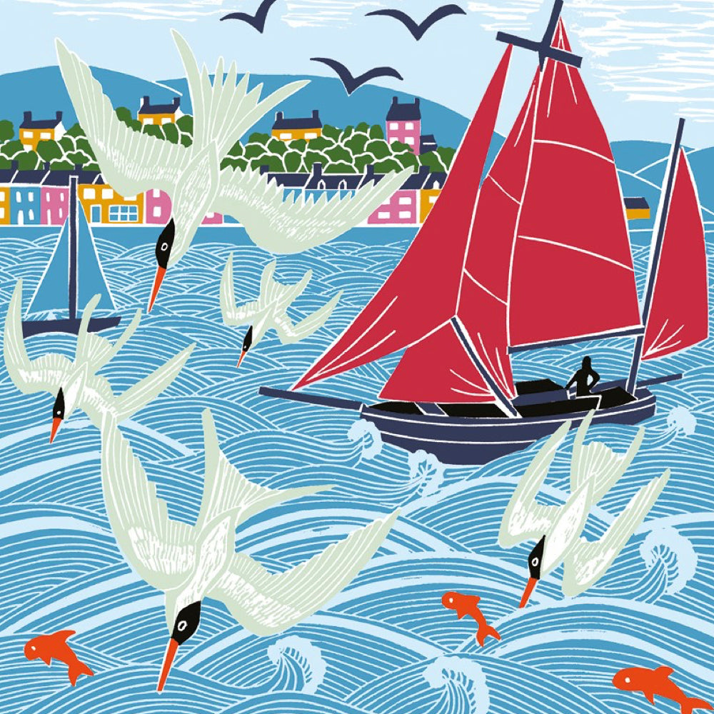 A stylised illustration of a coastal harbour scene with a red-sailed boat on blue water, white birds flying overhead, colourful buildings along the shore, mountains in the background, and orange fish in the water.